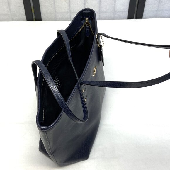 Coach City Zip Top Double Handle Tote Cross Grain Leather Handbag Navy F36875 - Picture 9 of 14